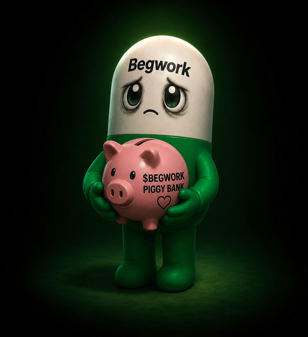 Begwork mascot holding the official $BEGWORK piggy bank